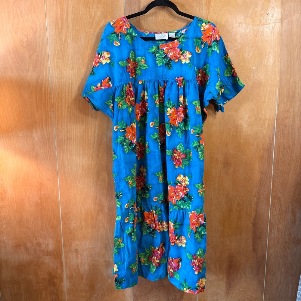 Vintage Blue Tropical Floral Parrot Cotton Muumuu Dress XL